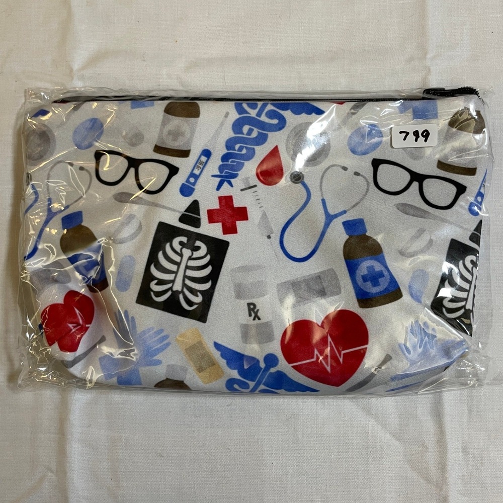 The Pouch Cosmetic Bag Unisex OS White NWT Medical Nurse Theme Zippered Travel